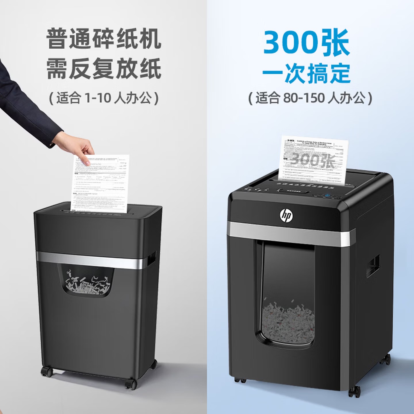惠普全自动纸仓式双入纸口碎纸机单次可碎300张31L大容量连续碎120min可碎CD/回形针/卡片B30300CC